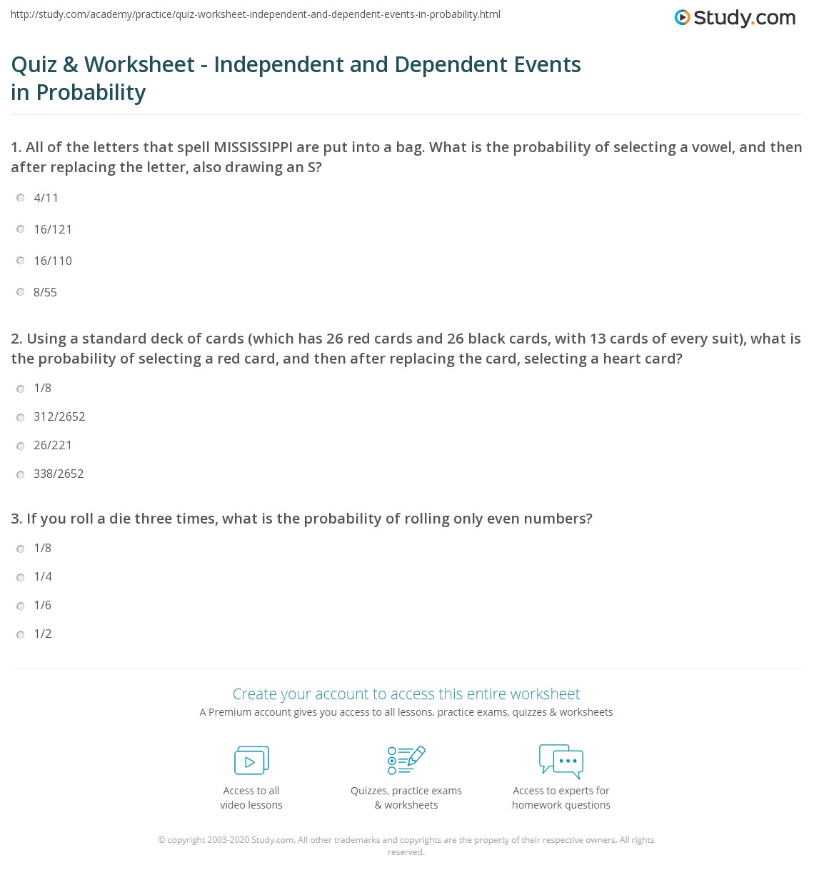probability of dependent events worksheet
