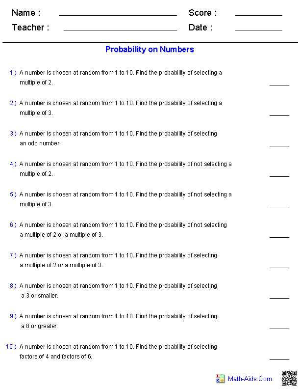 probability of numbers worksheet answers
