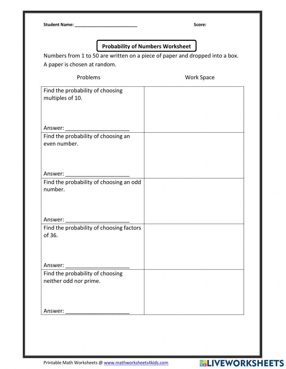 probability of numbers worksheet answers