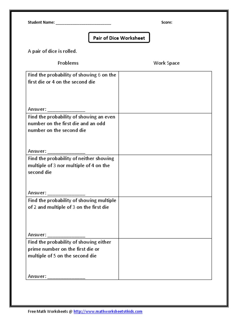 probability of numbers worksheet