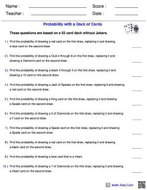 probability with a deck of cards worksheet