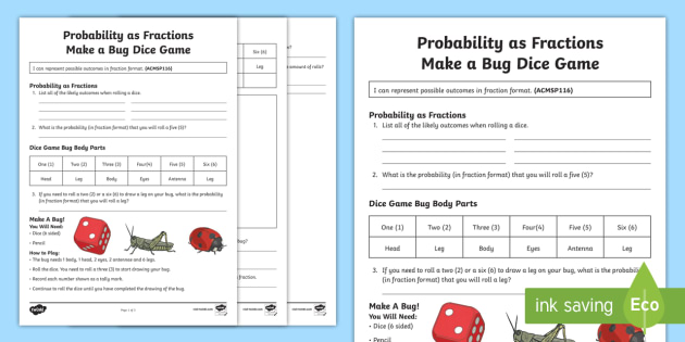 Probability as Fraction Make a Bug Dice Game Activity