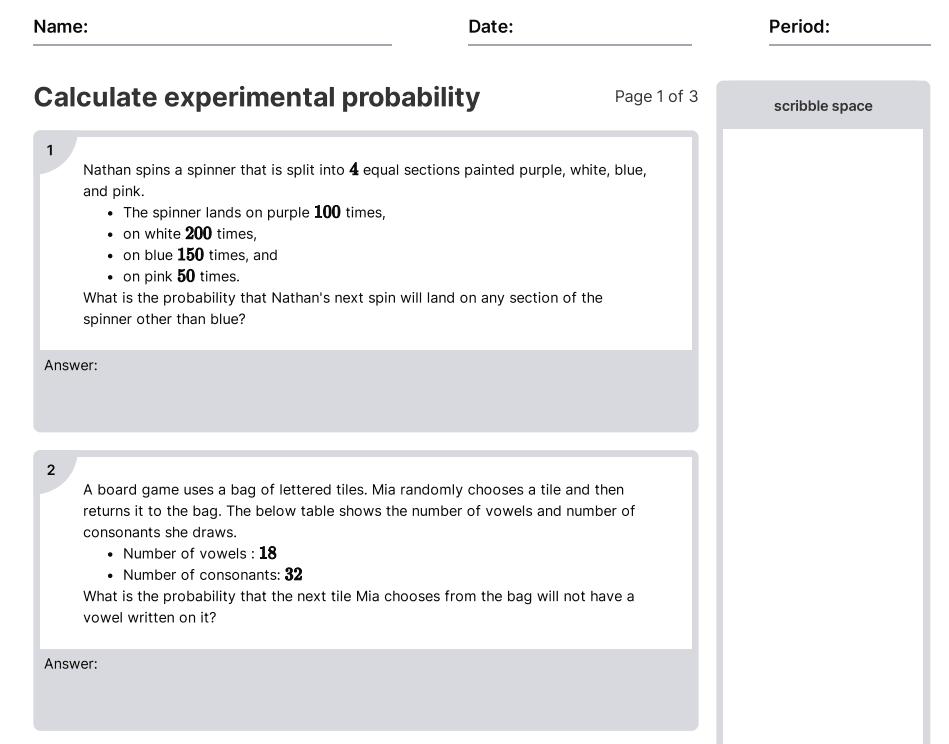 Calculate Experimental Probability Worksheets [PDF] (7.RP.A.1 ...
