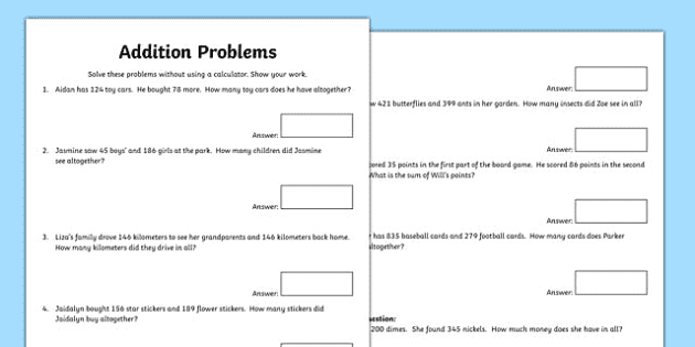 Addition Word Problems Worksheet / Worksheet (teacher made ...