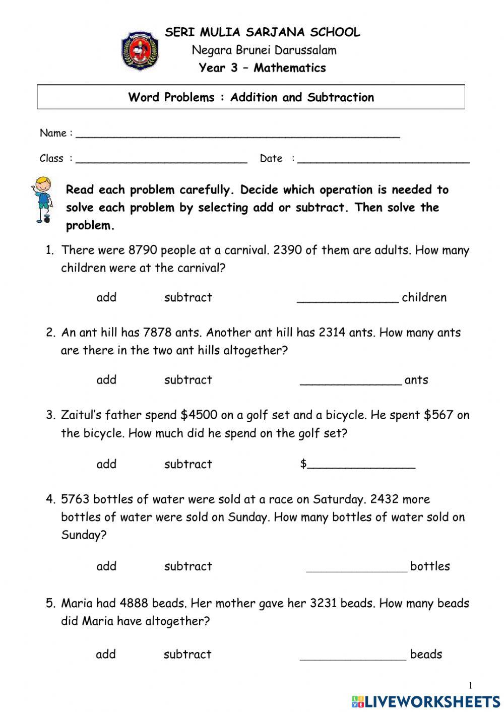 Word Problems involving Addition and Subtraction worksheet | Live ...