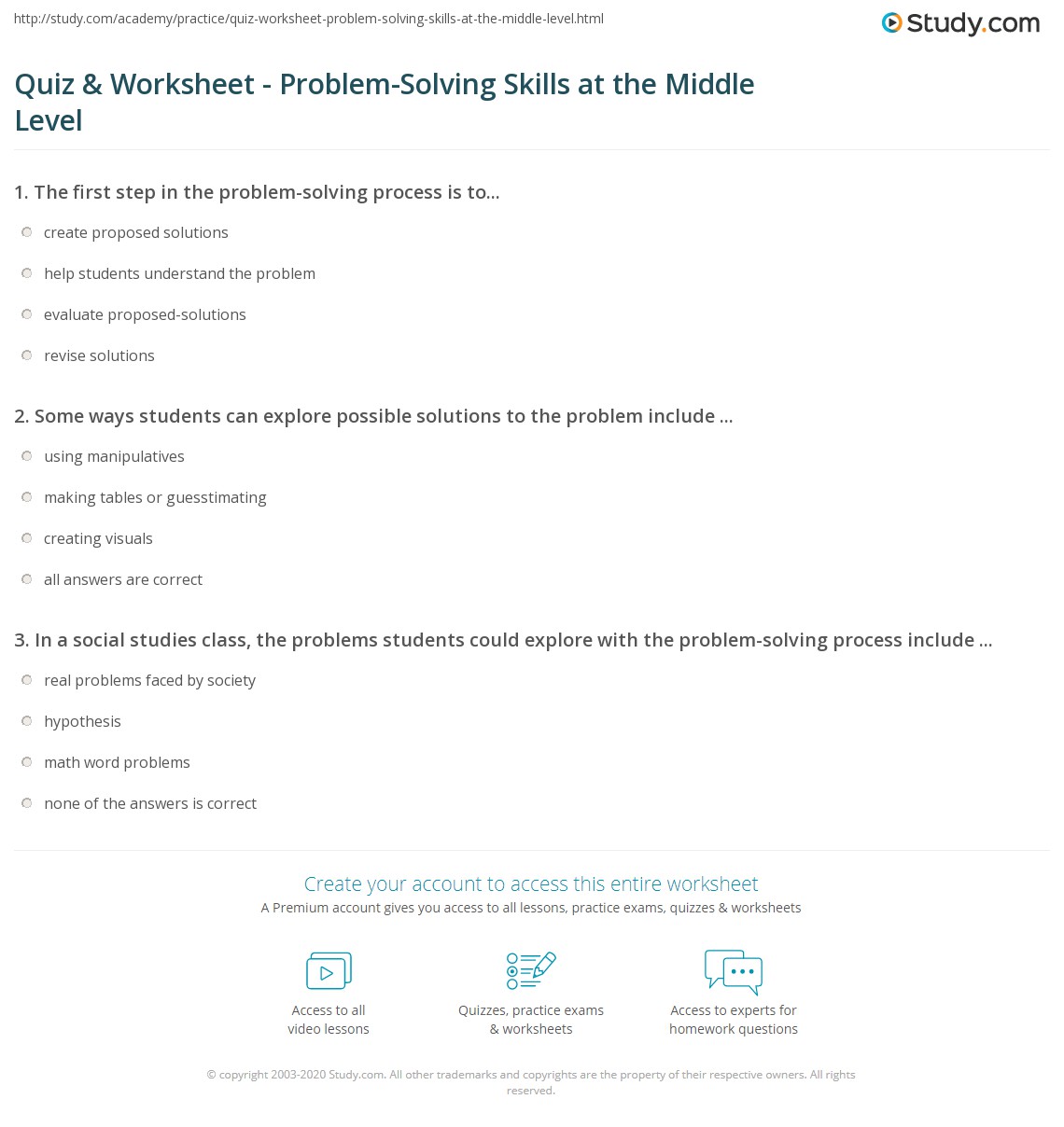 Quiz &  Worksheet - Problem-Solving Skills at the Middle Level ...