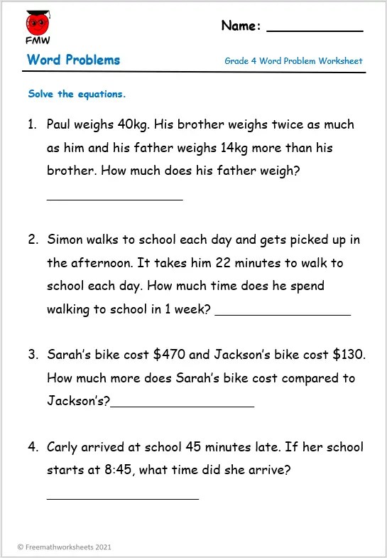 Grade 4 Word Problems | Free Worksheets | Printables