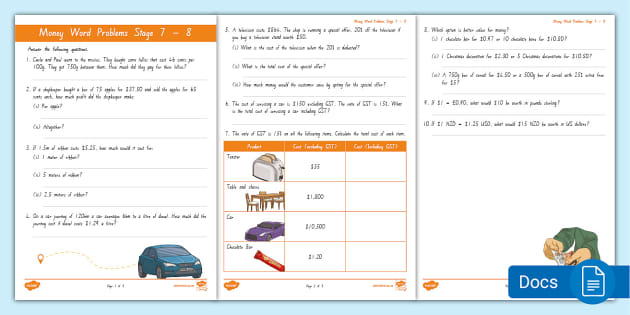 Stage 7-8 (Phase 2) Money Word Problems Worksheet - Twinkl