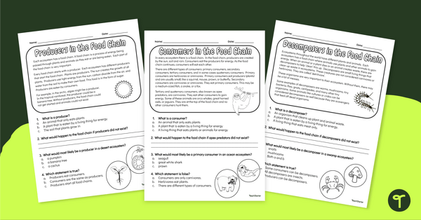 Producer, Consumer, Decomposer - Comprehension Worksheets | Teach ...