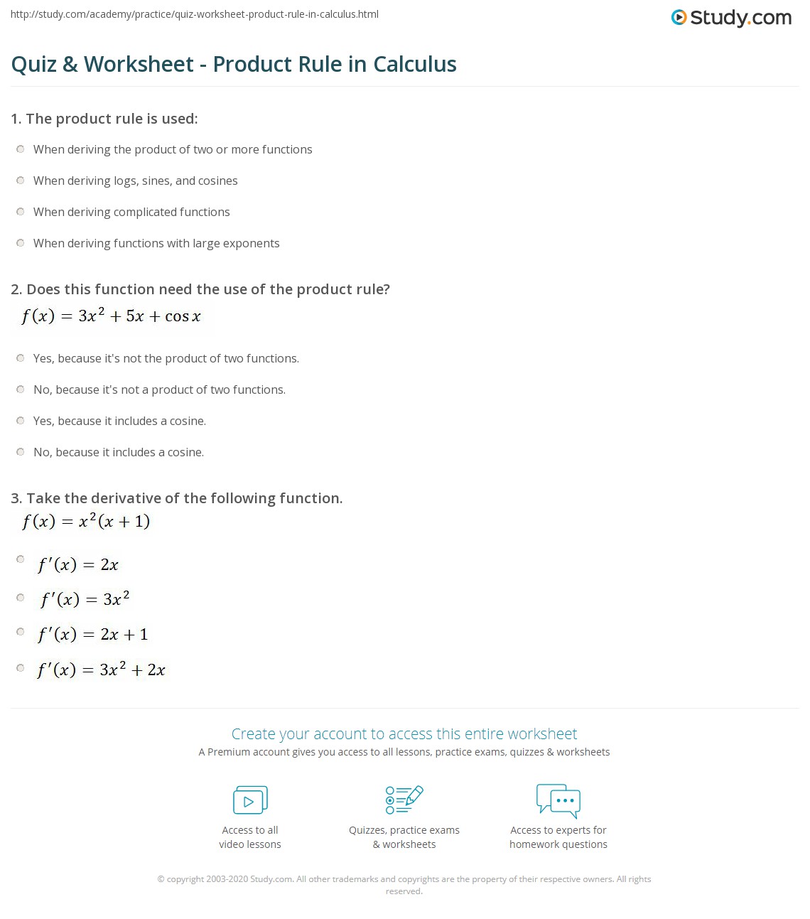 Quiz &  Worksheet - Product Rule in Calculus | Study.com