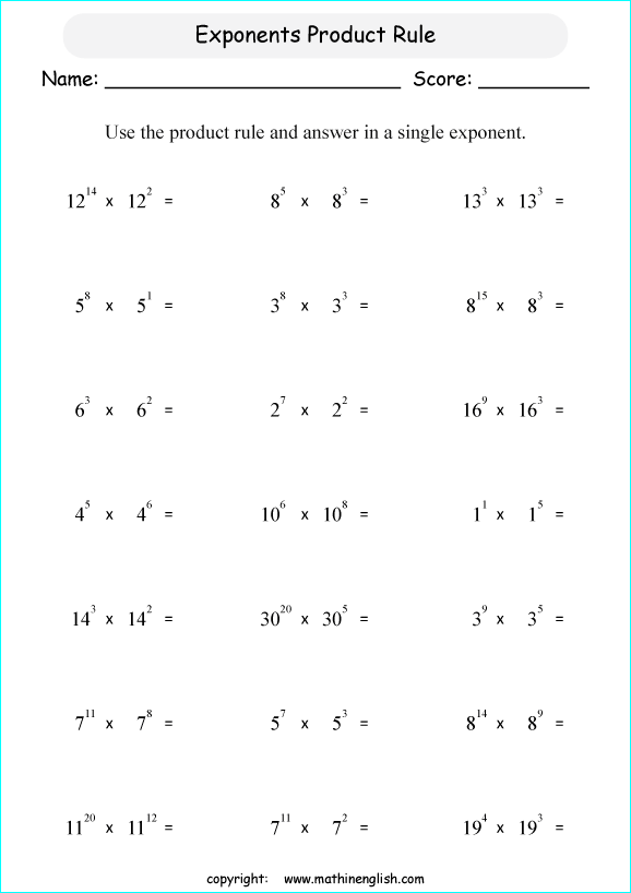 product rule of exponents worksheet