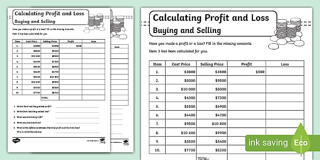 profit and loss worksheet