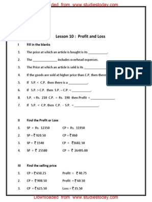 profit and loss worksheet