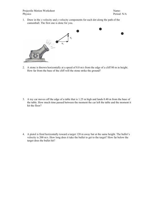 Projectile Motion Worksheet Name: Physics Period: N/A 1. Draw in ...