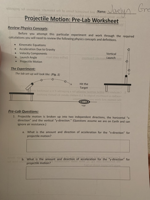 Solved aoName:aely Projectile Motion: Pre-Lab Worksheet | Chegg.com