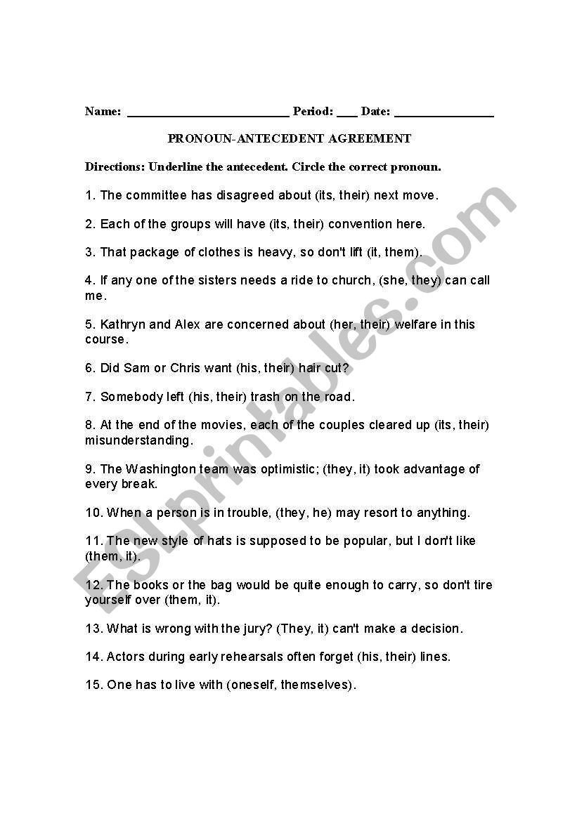 English worksheets: Pronoun-antecedent agreement