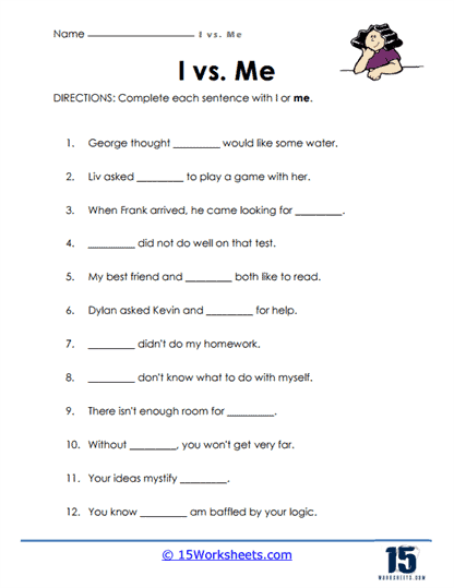 pronoun i and me worksheet