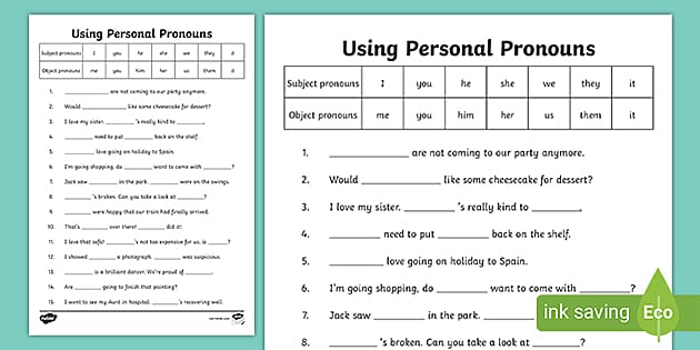 Subject and Object Pronouns Grammar Exercises | Primary