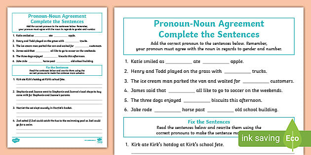 Complete the Sentences - Pronoun-Noun Agreement Worksheet