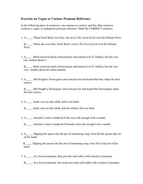 pronoun references worksheet