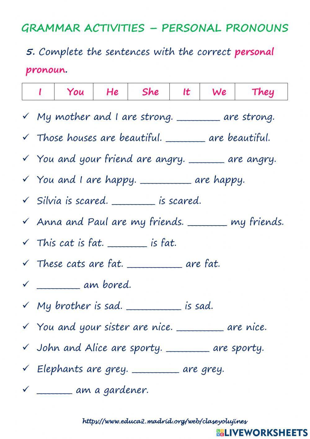 Personal Pronouns online exercise for Grade 3  