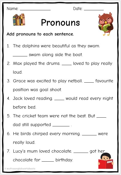 Pronoun Worksheets - Adding Pronouns | Free English Worksheets