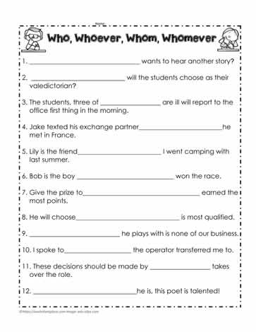 pronoun who whom worksheet printable