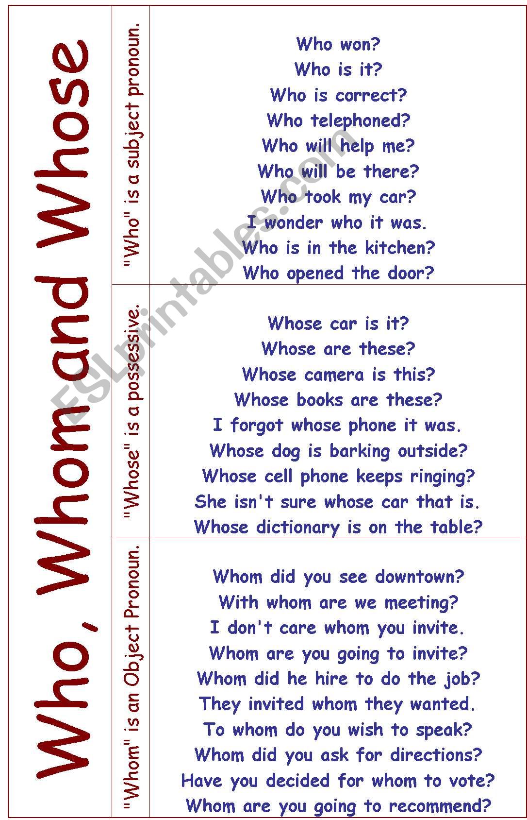 pronoun who whom worksheet printable