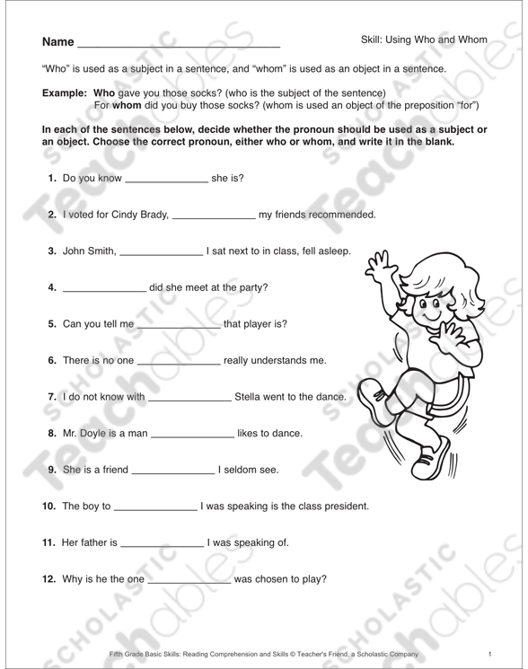 pronoun who whom worksheet printable