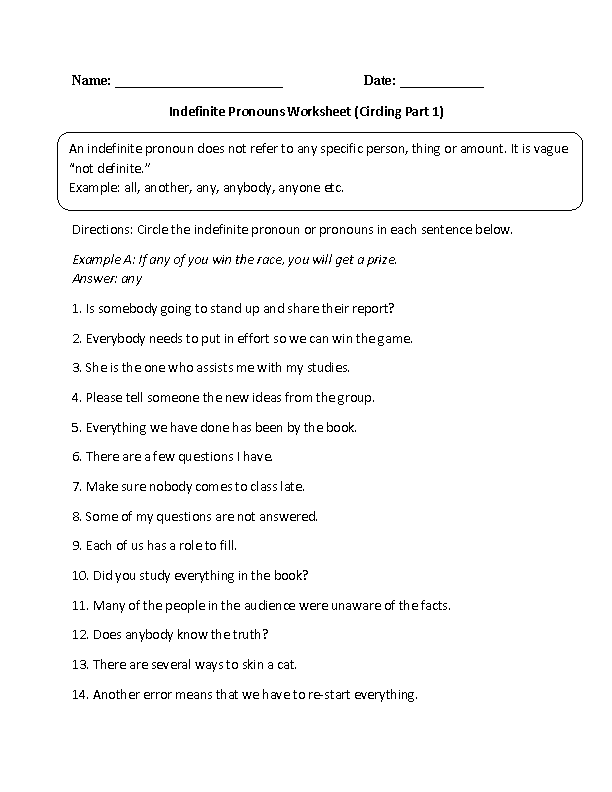Pronouns Worksheets | Indefinite Pronouns Worksheets