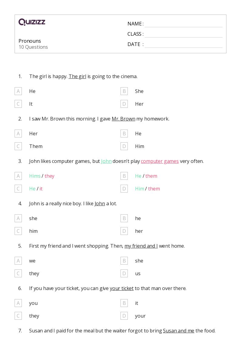 pronoun worksheet 2nd grade
