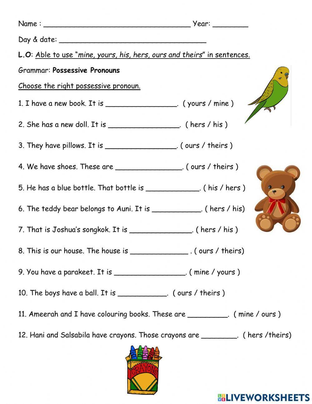 pronoun worksheet 3rd grade