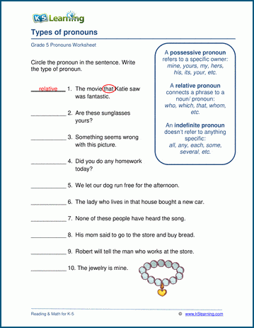 pronoun worksheet 5th grade