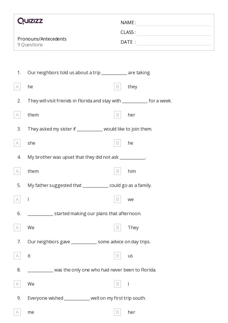 pronoun worksheet 5th grade