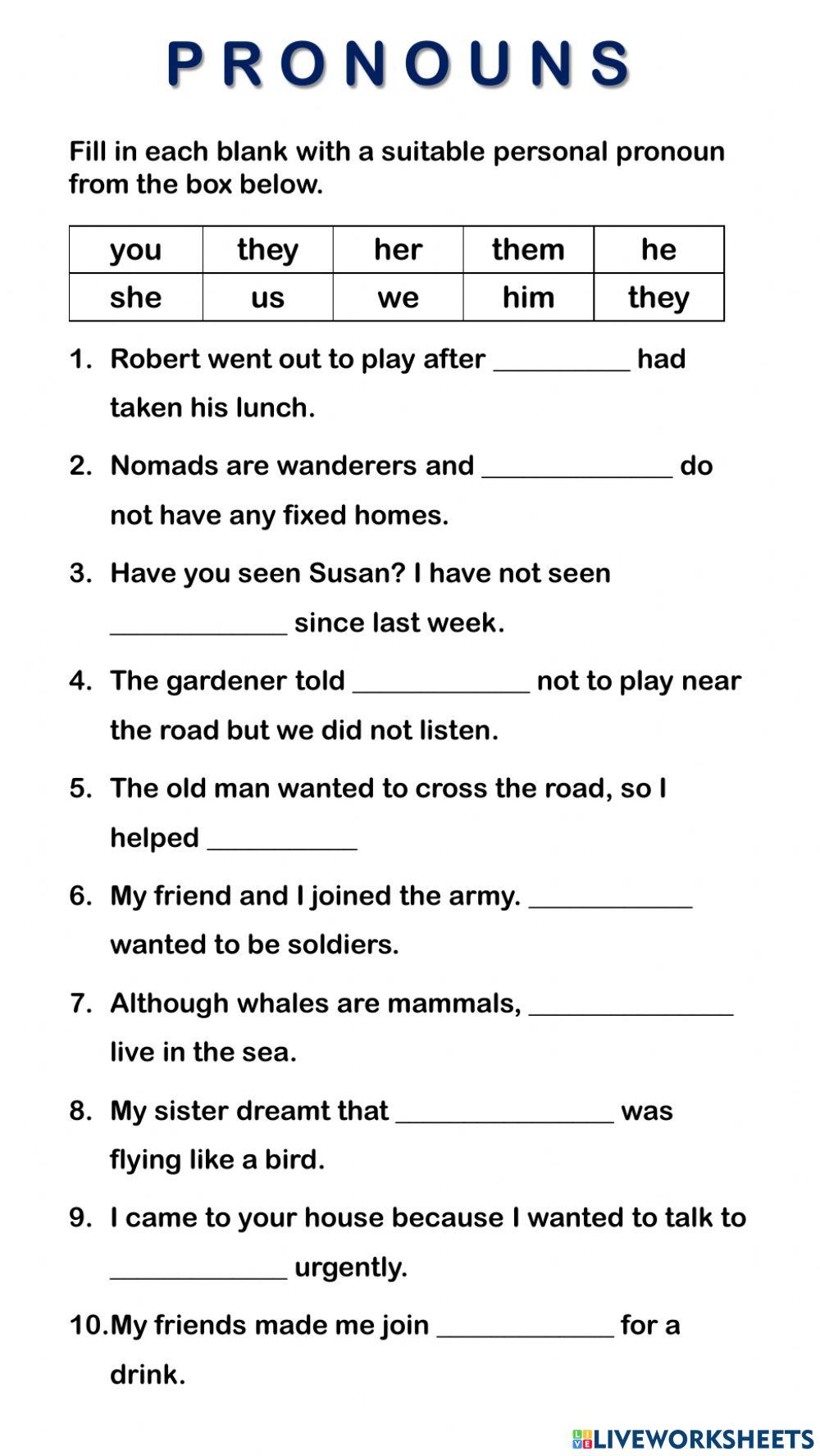 pronoun worksheet 6th grade