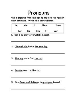 First Grade Pronoun Practice Sheets