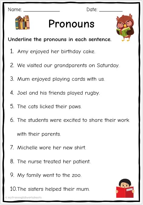 pronoun worksheet for 3rd grade