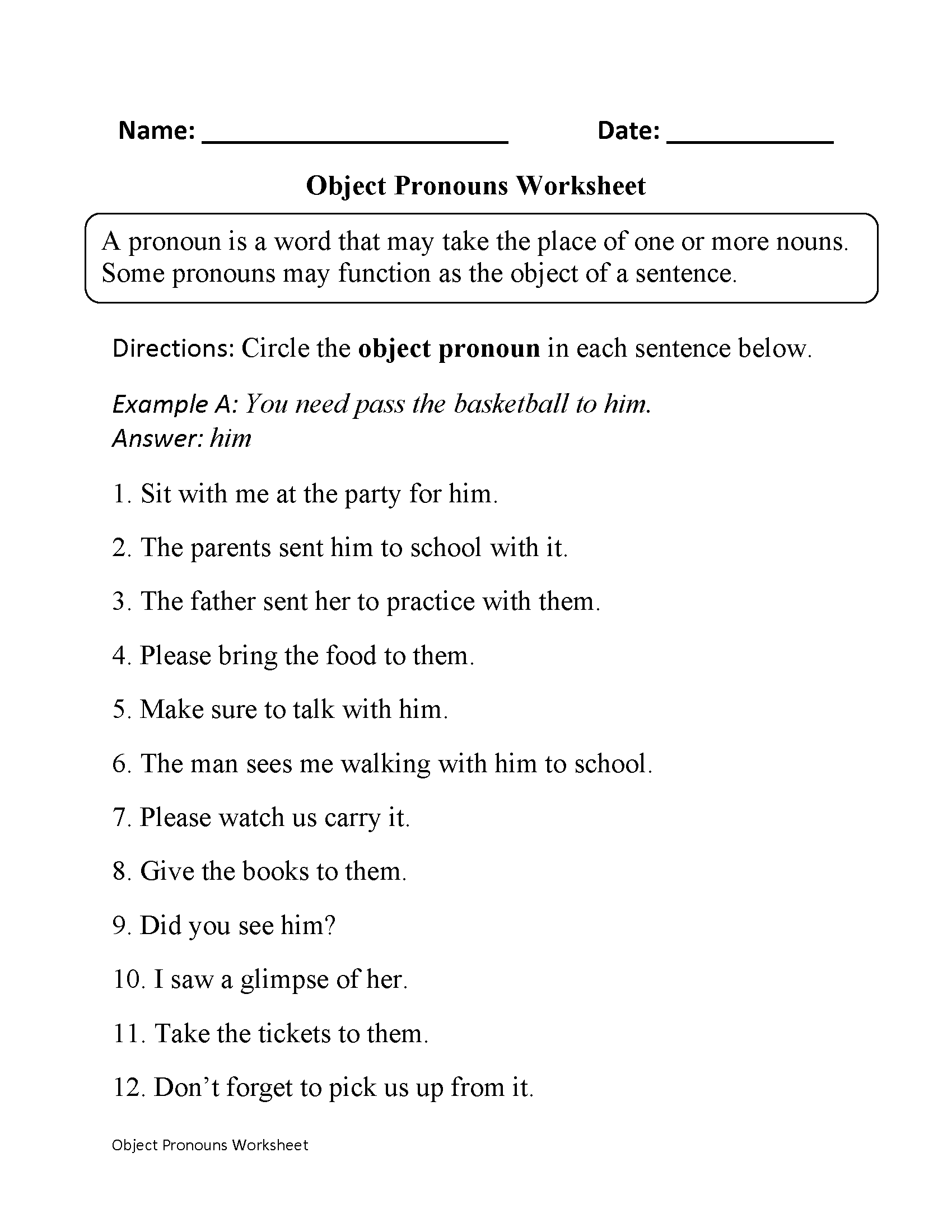 pronoun worksheet for 3rd grade