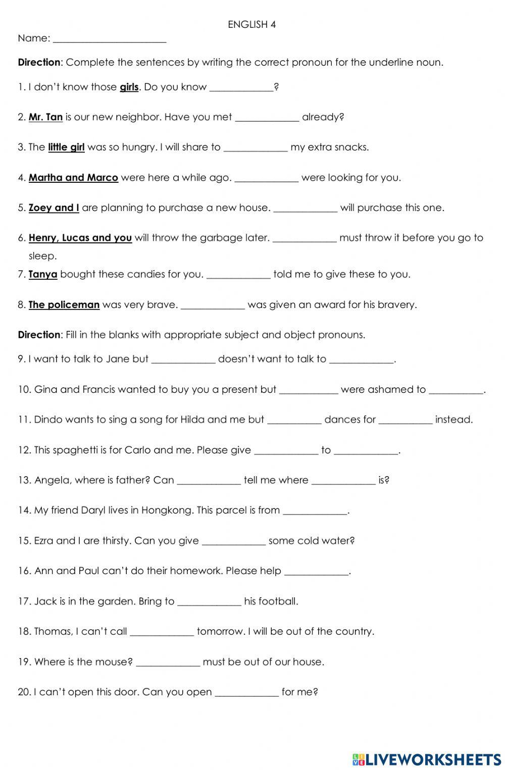 pronoun worksheet for 4th grade