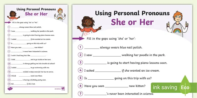 Using Personal Pronouns She or Her Worksheet (teacher made)