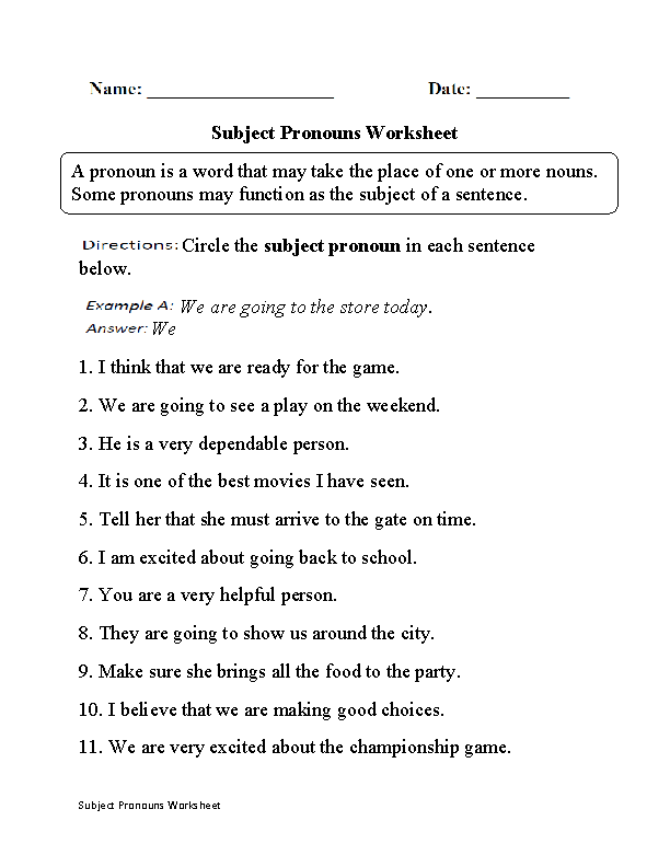 pronoun worksheet high school