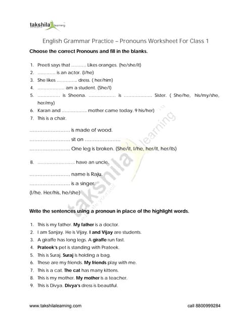 pronoun worksheet high school
