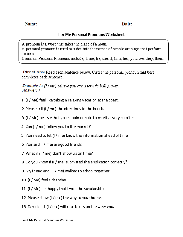 Regular Pronouns Worksheets | I or Me Personal Pronoun Worksheet