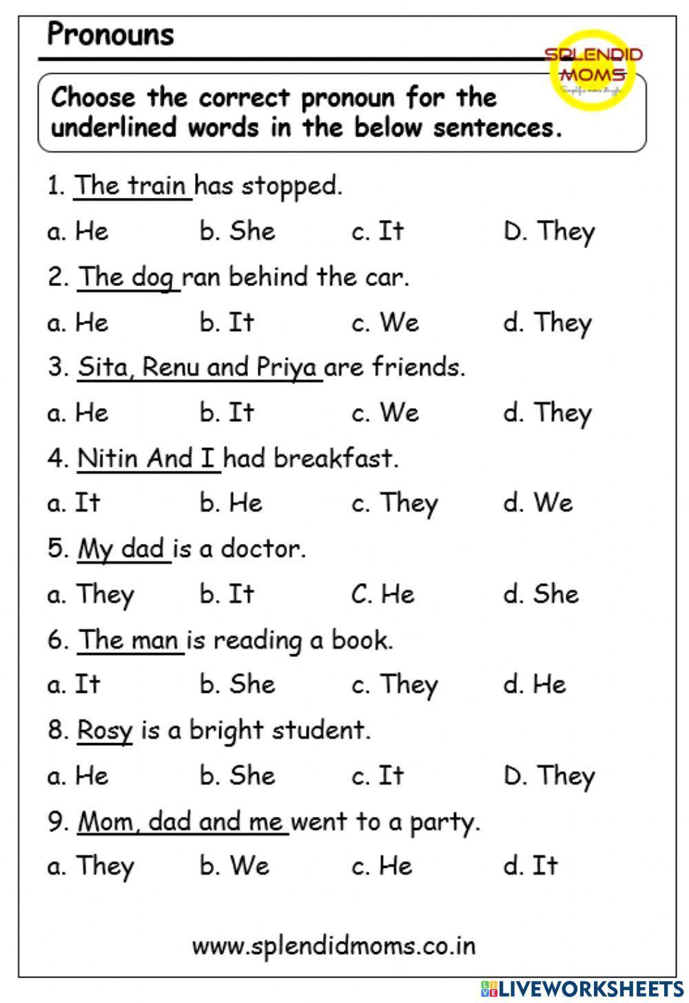 Pronouns grade 1 worksheet  