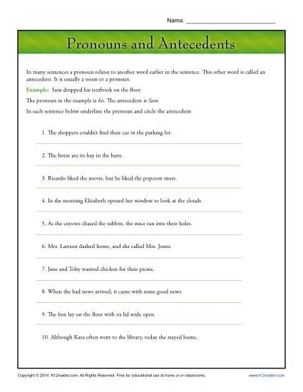pronouns and antecedents worksheet
