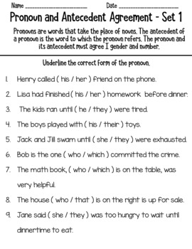 pronouns and antecedents worksheet