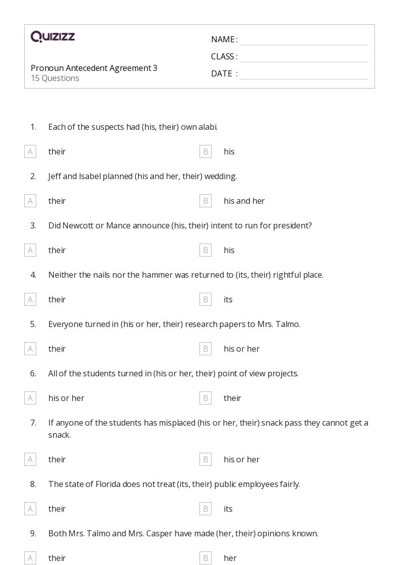 50+ Pronoun-Antecedent Agreement worksheets for 6th Class on ...