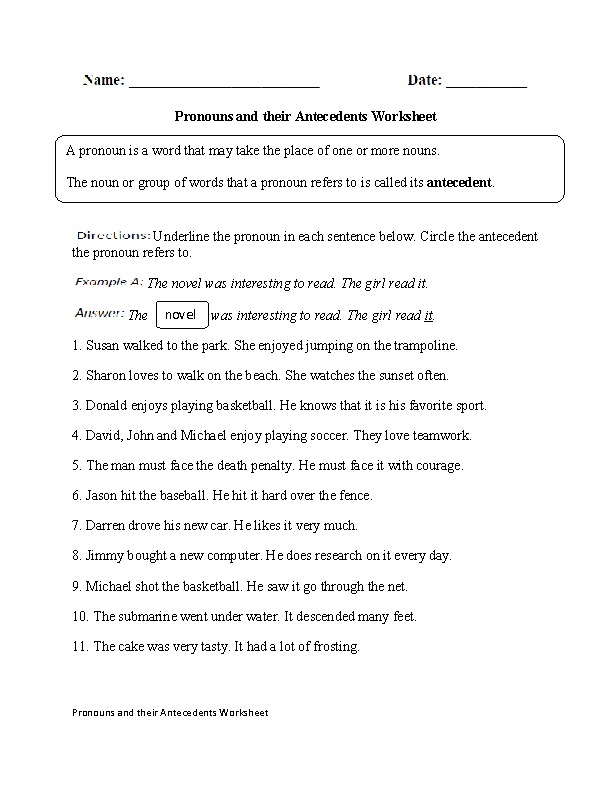 pronouns and antecedents worksheet
