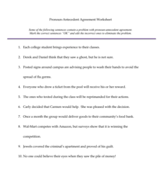 Pronoun-Antecedent Agreement Worksheet Worksheet for 6th - 8th ...