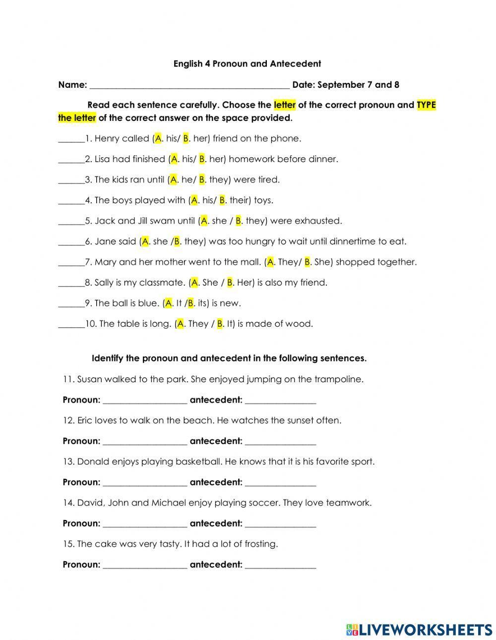 pronouns and antecedents worksheet